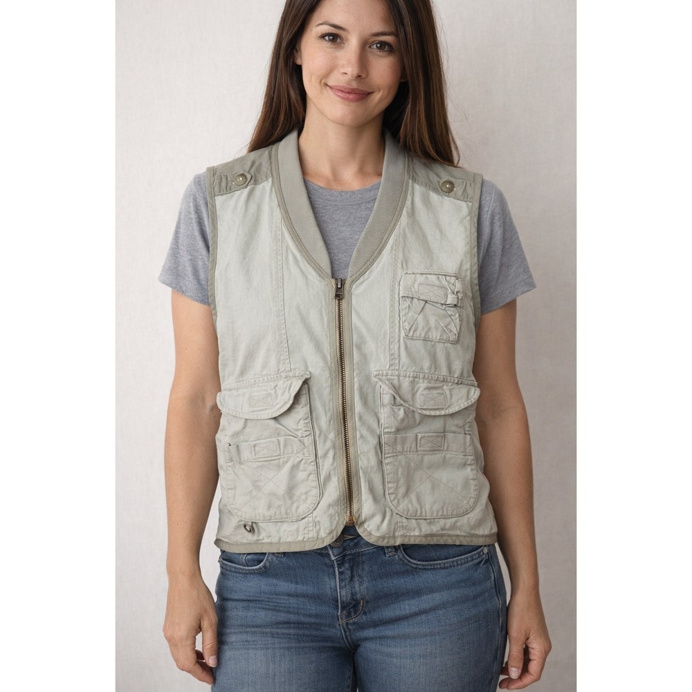 Vintage Columbia Sportswear Women Utility Vest Sage Green Cotton Cargo Pockets M